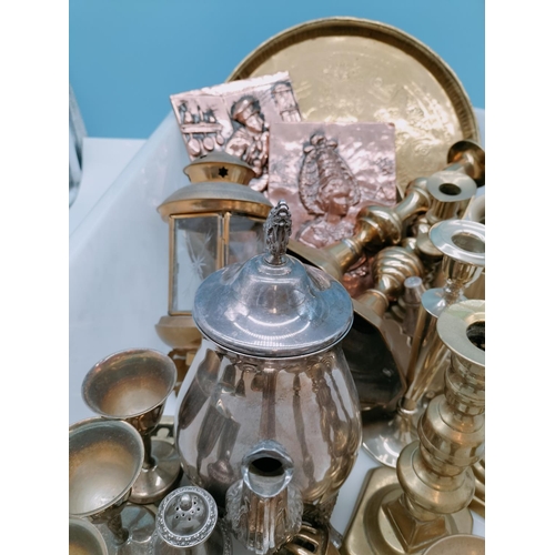 582 - Box of Mixed Brass and Silver Plate Items to include Candlesticks, Trays, Lantern, Plaques, etc.