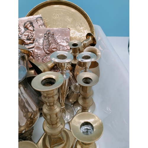 582 - Box of Mixed Brass and Silver Plate Items to include Candlesticks, Trays, Lantern, Plaques, etc.