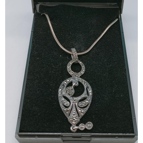 587 - Art Nouveau Marcasite Dropper Pendant on 925 Silver Chain.