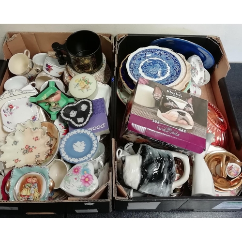 595 - 2 Boxes of Ceramics and Glass Ware to include Wedgwood, Mug Tails Dog Mug, Portmeirion, Chintz Trios... 