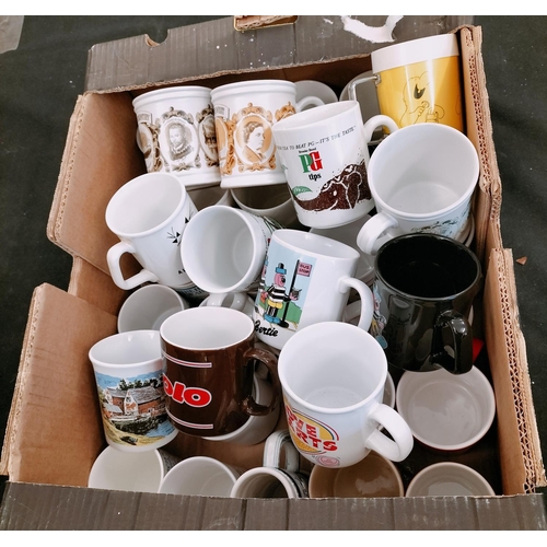 597 - Box of 34 Retro Mugs to include Take-A-Break, Nescafe, Granada TV, Rolo, Love Hearts, etc.