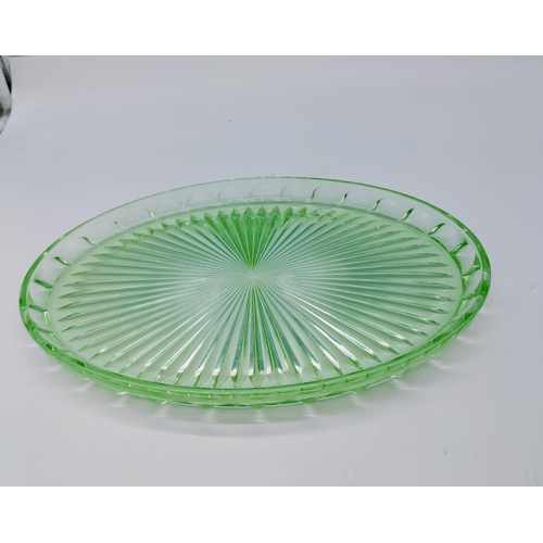 598 - Green Glass Art Deco Tray. 33cm x 24cm.