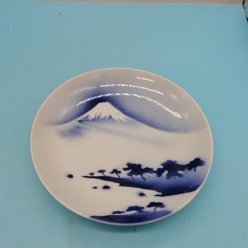 654 - Japanese Meiji Period Blue and White 'Mount Fuji' Cabinet Plate. 21cm Diameter.