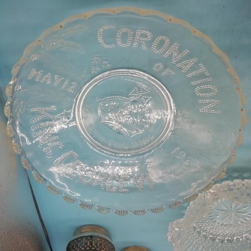 659 - Collection of Vintage Pressed Glass to include 2 Small Oil Lamps and George VI Coronation Plate, etc... 