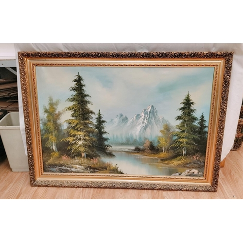 722 - Large Gilt Framed Oil on Canvas Mountain Scene by C Parker. 105cm x 65cm. Collection Only.