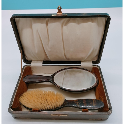626 - Cased Faux Tortoise Shell Dressing Table Brush and Mirror Set.