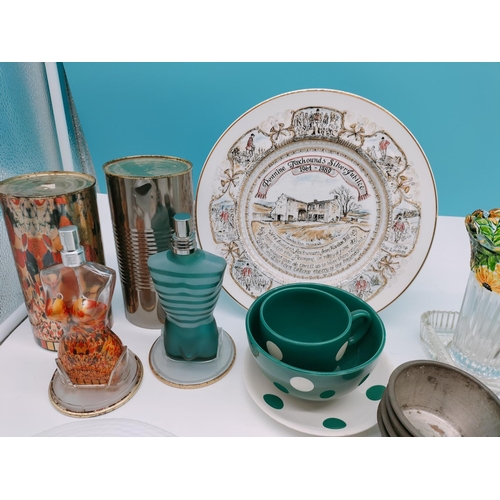 113 - Box of Mixed Items to include Face Masks, Empty Perfume Bottles, Wall Pocket, etc.