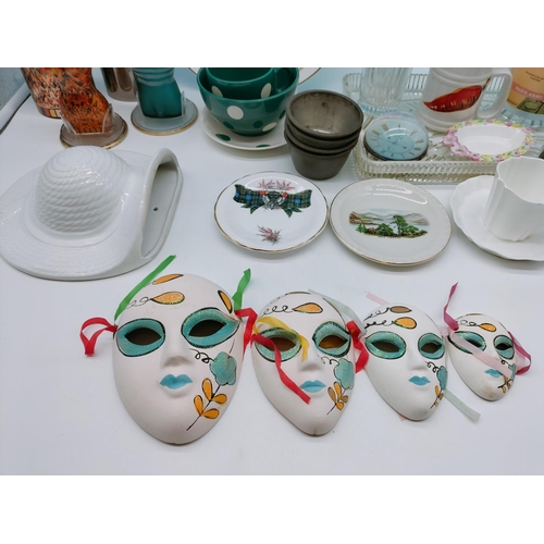 113 - Box of Mixed Items to include Face Masks, Empty Perfume Bottles, Wall Pocket, etc.