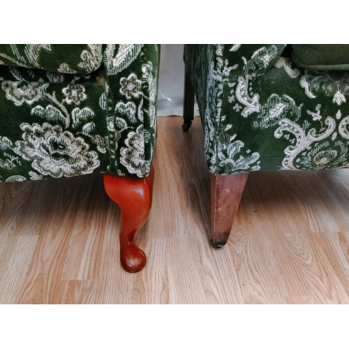 162 - Wingback Green Fabric Chairs (2). One on Castors. One with Wear to Arm. 97cm High, 80cm x70cm. Seat ... 