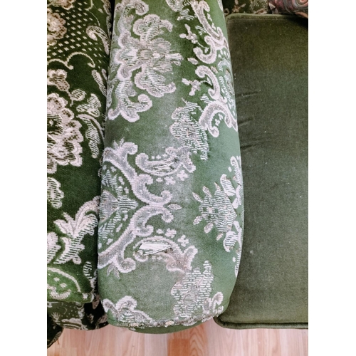 162 - Wingback Green Fabric Chairs (2). One on Castors. One with Wear to Arm. 97cm High, 80cm x70cm. Seat ... 