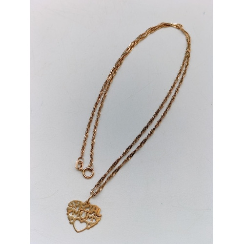73 - 9ct Gold 'Special Mum' Pendant and Chain. 2 Grams.