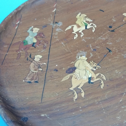 93 - Late 19th/Early 20th Century Persian Wooden Footed Tray. Hand Painted with Polo Players. 22cm Diamet... 