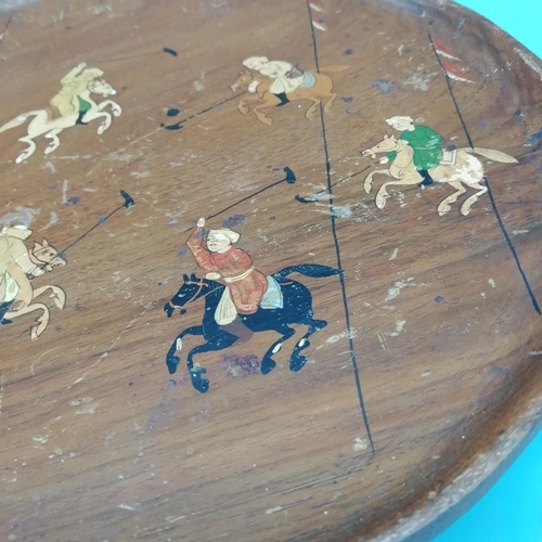 93 - Late 19th/Early 20th Century Persian Wooden Footed Tray. Hand Painted with Polo Players. 22cm Diamet... 