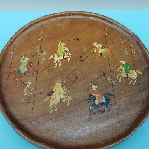 93 - Late 19th/Early 20th Century Persian Wooden Footed Tray. Hand Painted with Polo Players. 22cm Diamet... 