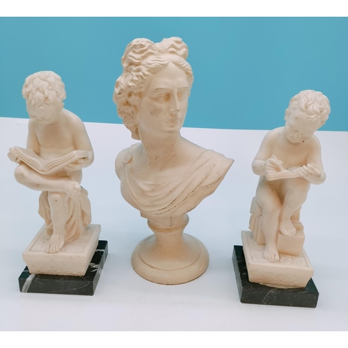 543 - 27cm Bust of a Lady plus Pair of Reading Boy Bookends on Marble Base. Made in Italy.