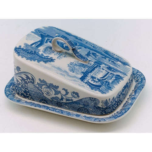 139 - Spode Blue and White 'Italian' Design Butter Dish. 9cm High, 18cm x 12cm.