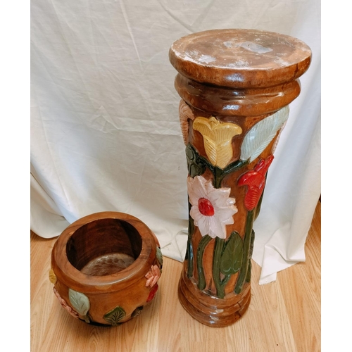 147 - Solid Wooden Carved Jardinere and Stand with Floral Decoration. Overall Height 101cm, 29cm Diameter.... 