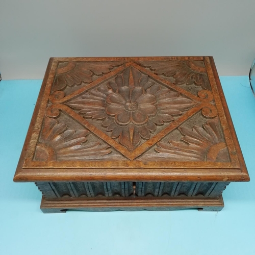 242 - Early 20th Century Wooden Bible Box with Floral Decoration to Lid. With Key. 30cm x 25cm x 15cm.