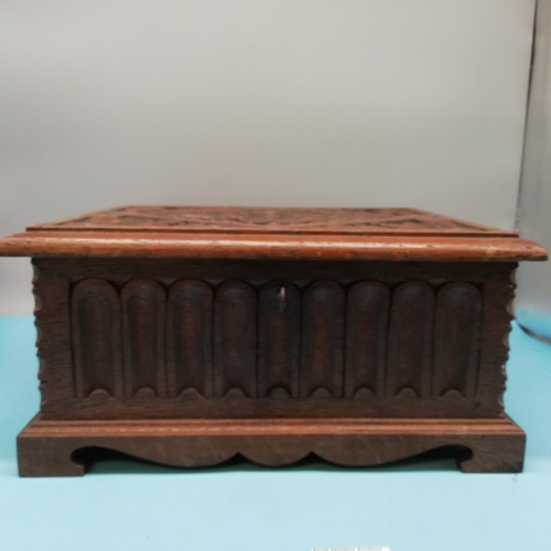 242 - Early 20th Century Wooden Bible Box with Floral Decoration to Lid. With Key. 30cm x 25cm x 15cm.