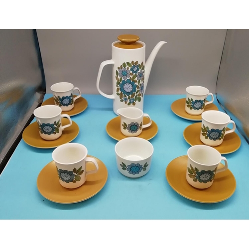 257 - 1970's J+G Meakin 15 Piece Coffee Set in the 'Topic' Pattern. Small Nip to 1 Cup.