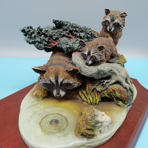 265 - Boxed Bossons Figure of Racoons on Plinth. 16cm High, 19cm x 27cm.