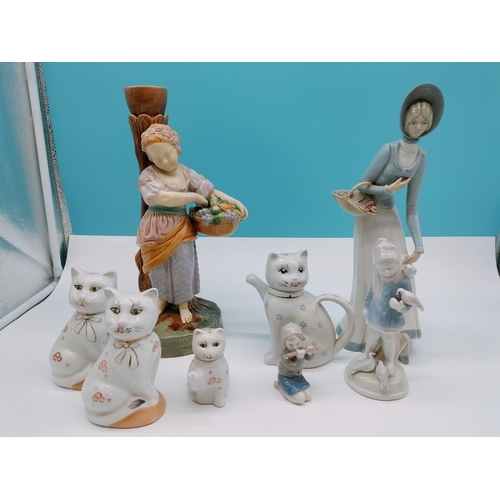 392 - Collection of Figures to include Continental 32cm Figure 'Autumn', Cat Figures, etc.