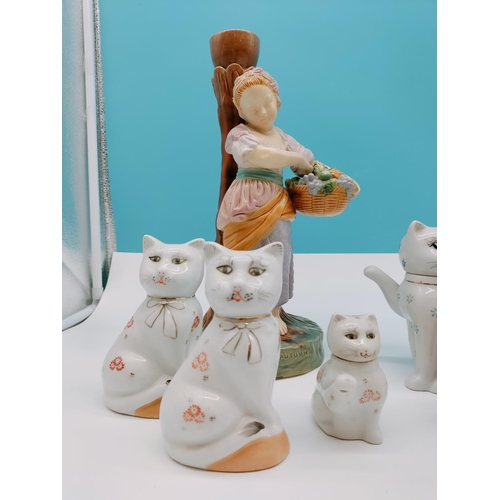 392 - Collection of Figures to include Continental 32cm Figure 'Autumn', Cat Figures, etc.