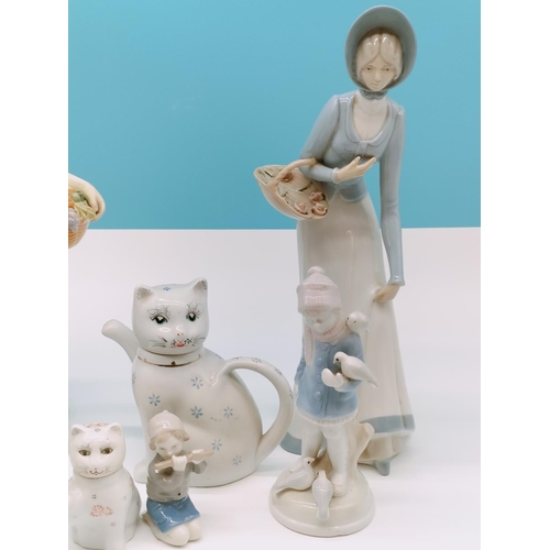 392 - Collection of Figures to include Continental 32cm Figure 'Autumn', Cat Figures, etc.