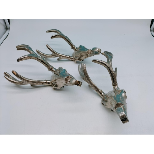 408 - 3 x Aluminium Stag's Skull Coat Hooks. 27cm x 12cm.