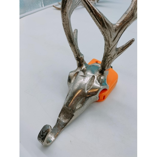 408 - 3 x Aluminium Stag's Skull Coat Hooks. 27cm x 12cm.