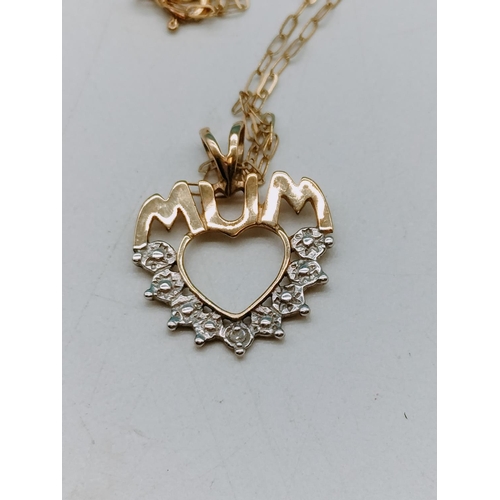 417 - 9ct Gold Heart 'Mum' Diamond Set Pendant on 16