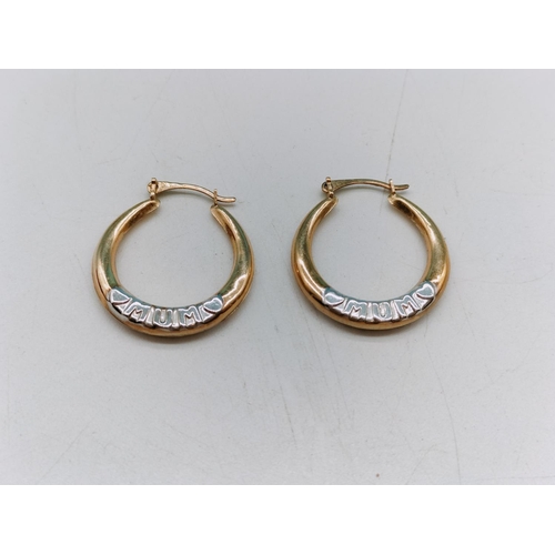 437 - 9ct Gold 'Mum' Earrings. 0.9 Grams.