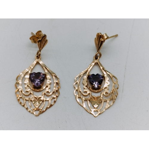 440 - Pair of 9ct Gold and Amethyst Drop Earrings. 2.06 Grams. 2cm Drop.