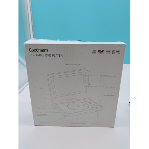 445 - Boxed Goodmans Portable DVD Player for Car or Mains (W/O) plus Boxed Mains Adapter for Cool Box