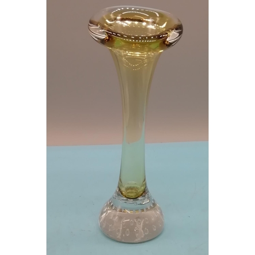 452 - Swedish Aseda Glasbruk Yellow and Clear Glass 'Jack in the Pulpit' Vase with Controlled Bubbles in t... 