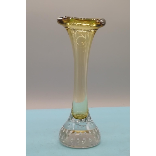 452 - Swedish Aseda Glasbruk Yellow and Clear Glass 'Jack in the Pulpit' Vase with Controlled Bubbles in t... 