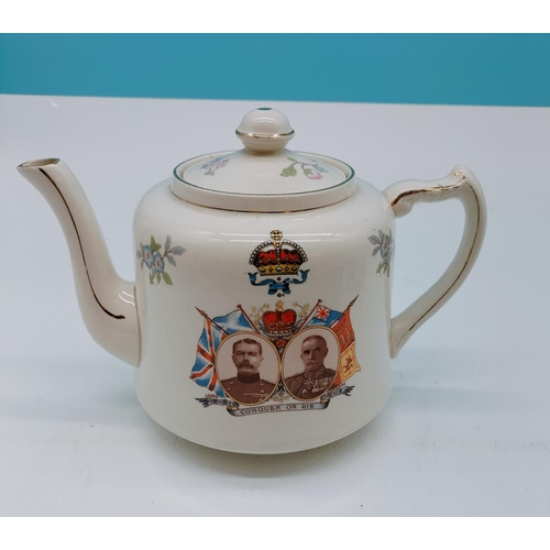 458 - Rare WWI Teapot of Lord Kitchener and General French with the Motto 'Conquer or Die'. Some Age Relat... 