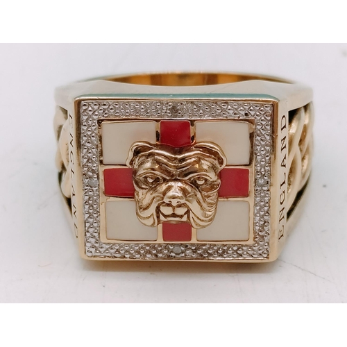 47 - Hallmarked Silver & Gold Plate Diamond England Ring with St George Flag and Bulldog Design. 19.02 Gr... 