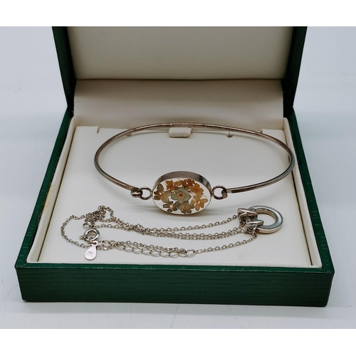 494 - Silver 925 Bangle with Glass Flower Design Centre plus 925 Bracelet.