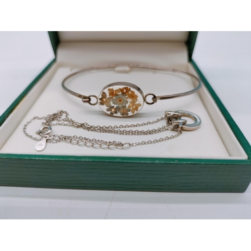 494 - Silver 925 Bangle with Glass Flower Design Centre plus 925 Bracelet.