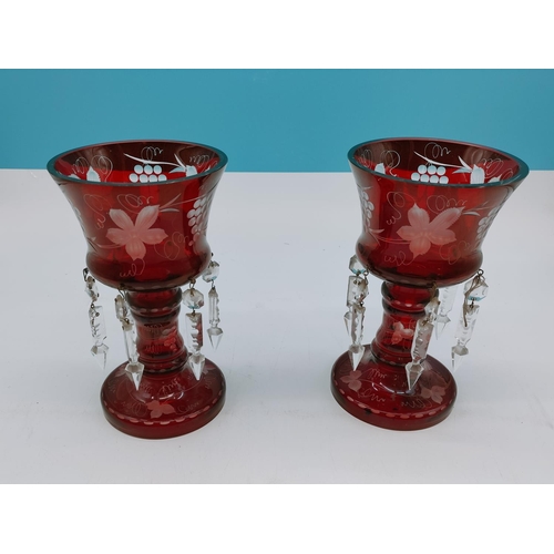 499 - Ruby Glass 21cm Candle Holders with Acid Etched Vine and Grapes Design and Glass Droplets. (One set ... 