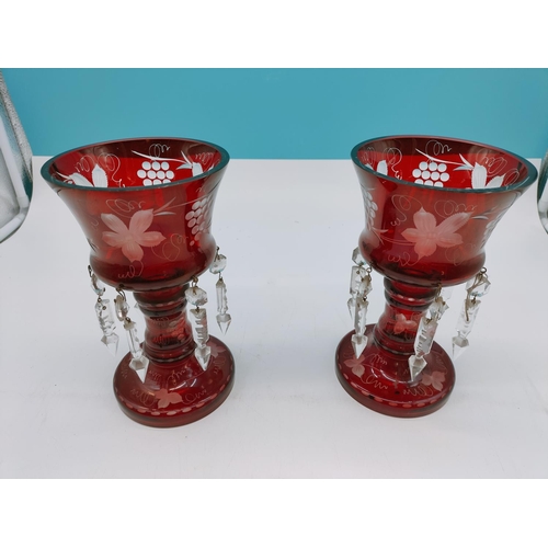 499 - Ruby Glass 21cm Candle Holders with Acid Etched Vine and Grapes Design and Glass Droplets. (One set ... 