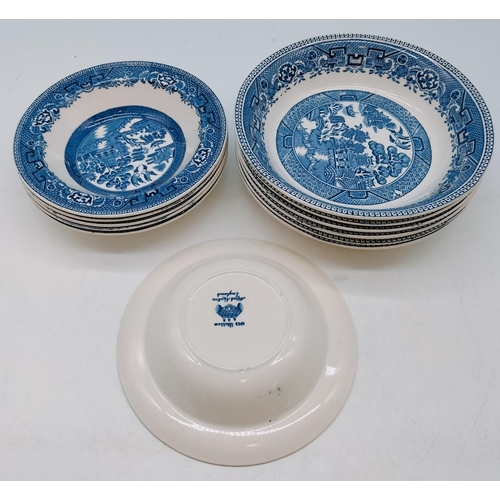 502 - Alfred Meakin Blue and White Soup Bowls (6) and Dessert Bowls (6) in the 'Old Willow' Pattern. Large... 