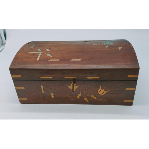 511 - Brass Inlaid Dome Top Large Wooden Box with Key. Requires Attention. 30cm x 21cm x 13cm.