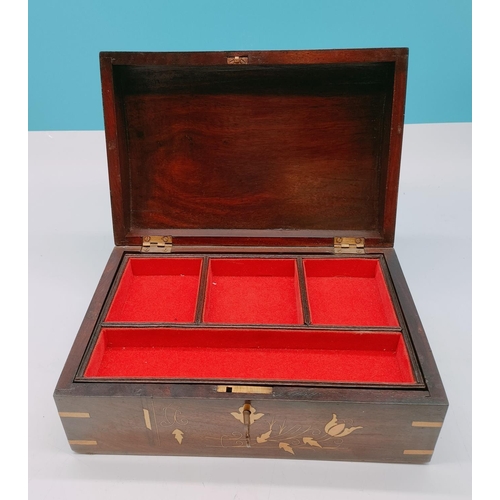 511 - Brass Inlaid Dome Top Large Wooden Box with Key. Requires Attention. 30cm x 21cm x 13cm.