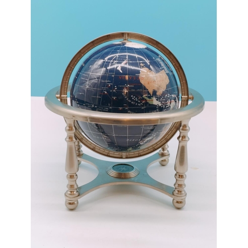 513 - Semi Precious Stone Set Globe of the World on Metal Base. Approx 33cm x 33cm.