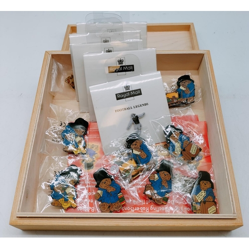 528 - Wooden Box of Pin Badges to include Full Set of Royal Mail Football Legends (Bobby Moore, Dixie Dean... 