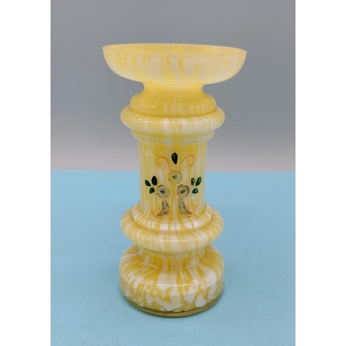 553 - Victorian c1890 Bohemian Franz Welz? Yellow and White 14cm Glass Vase with Enamelled Decoration.