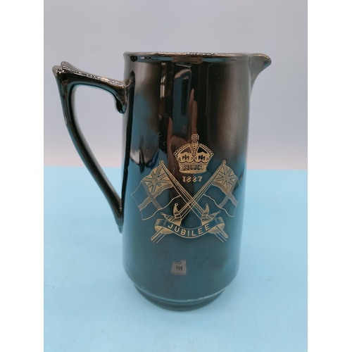 554 - Jackfield Black and Gold 16cm Jug celebrating Queen Victoria's Golden Anniversary on 20th June 1887.