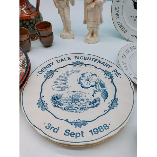 591 - Box of Mixed Pottery and Figures to include Denby Dale Pie Plates from 1928 (2) and 1988.